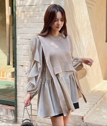 Charili Frill Long Blouse Knit Vest Two-Piece